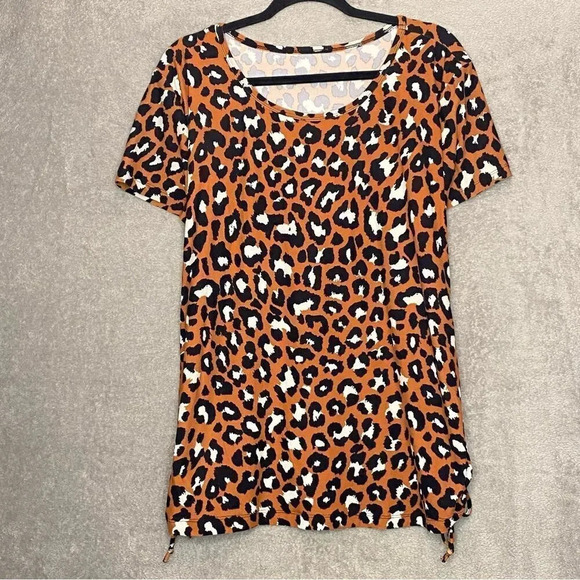 Amazon 2X Top Shirt Brown Cheetah Print Short Sleeve Scoop Neck Ruched P11 - Picture 1 of 6